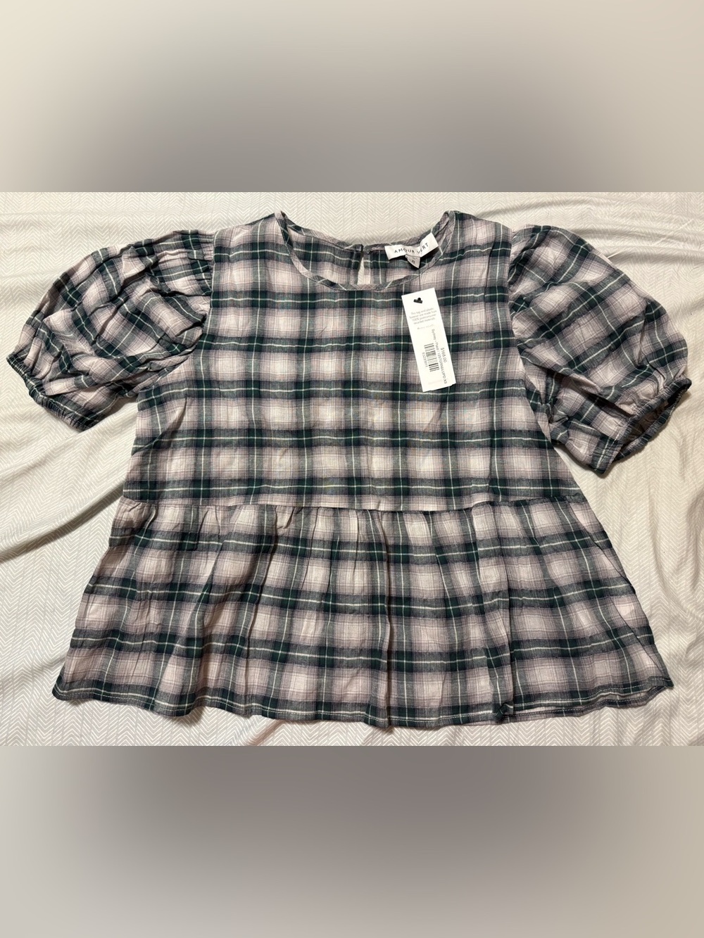 Amour Vert Girls' Green and White Plaid Peplum Blouse